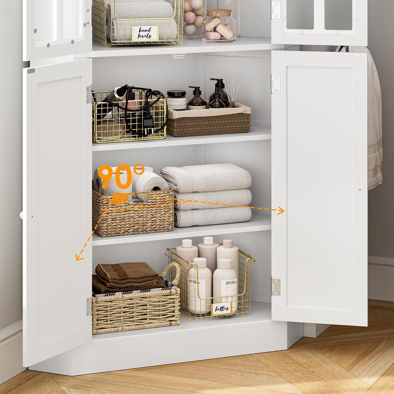 BOTLOG 67' Corner Cabinet, Corner Kitchen Pantry with Doors, Farmhouse Kitchen Cabinet with 6 Storage Shelves, Space Saver for Bathroom, Living Dining Room, White