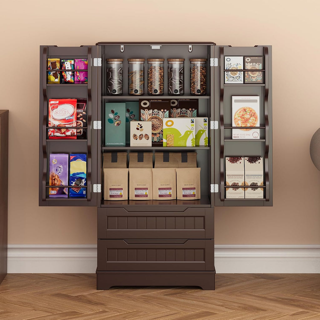 Gizoon Kitchen Pantry Cabinet with Drawers, 47' Small Food Pantry Storage Cabinet with 6 Door Shelves for Snack and Spice, Freestanding Craft Storage Cabinet for Craft Room, Dark Brown, Painted