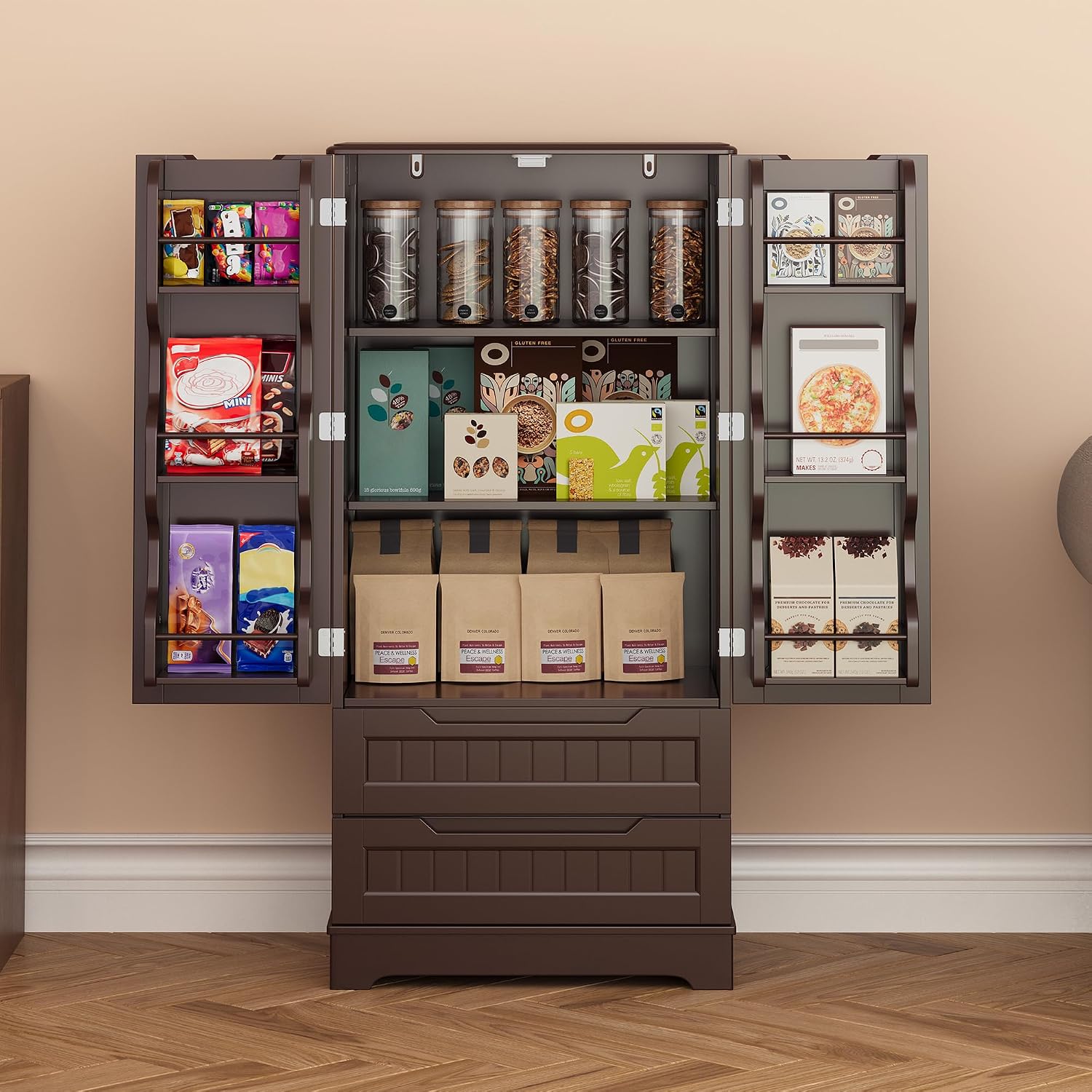 Gizoon Kitchen Pantry Cabinet with Drawers, 47' Small Food Pantry Storage Cabinet with 6 Door Shelves for Snack and Spice, Freestanding Craft Storage Cabinet for Craft Room, Dark Brown, Painted