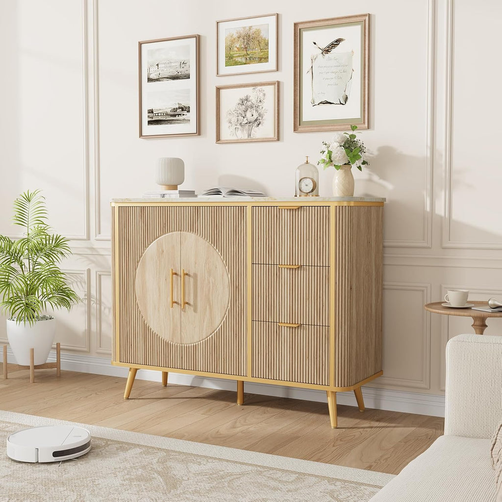 47.3' Modern Buffet Cabinet with Storage, Kitchen Sideboard Buffet with 2 Door & 3 Drawers, Fluted Caffee Bar Storage Cabinet for Dining Room, Living Room, Entryway, Natural Oak