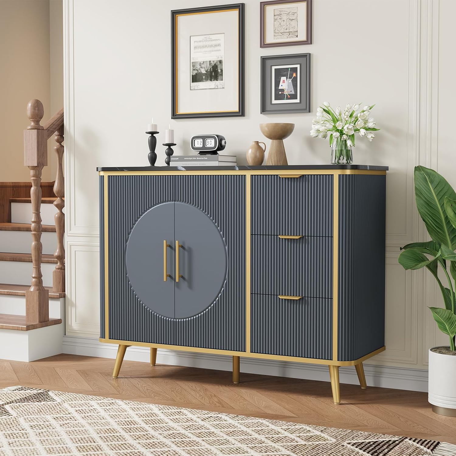 47.3' Modern Buffet Cabinet with Storage, Kitchen Sideboard Buffet with 2 Door & 3 Drawers, Fluted Caffee Bar Storage Cabinet for Dining Room, Living Room, Entryway, Navy Blue