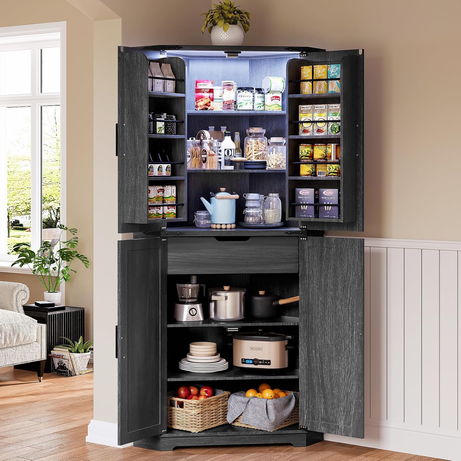 Dripex 71' Black Farmhouse Corner Pantry Cabinet with LED Light, Tall Storage Cabinet with Doors & Adjustable Shelves, Food Pantry for Kitchen, Living Room, Dining Room