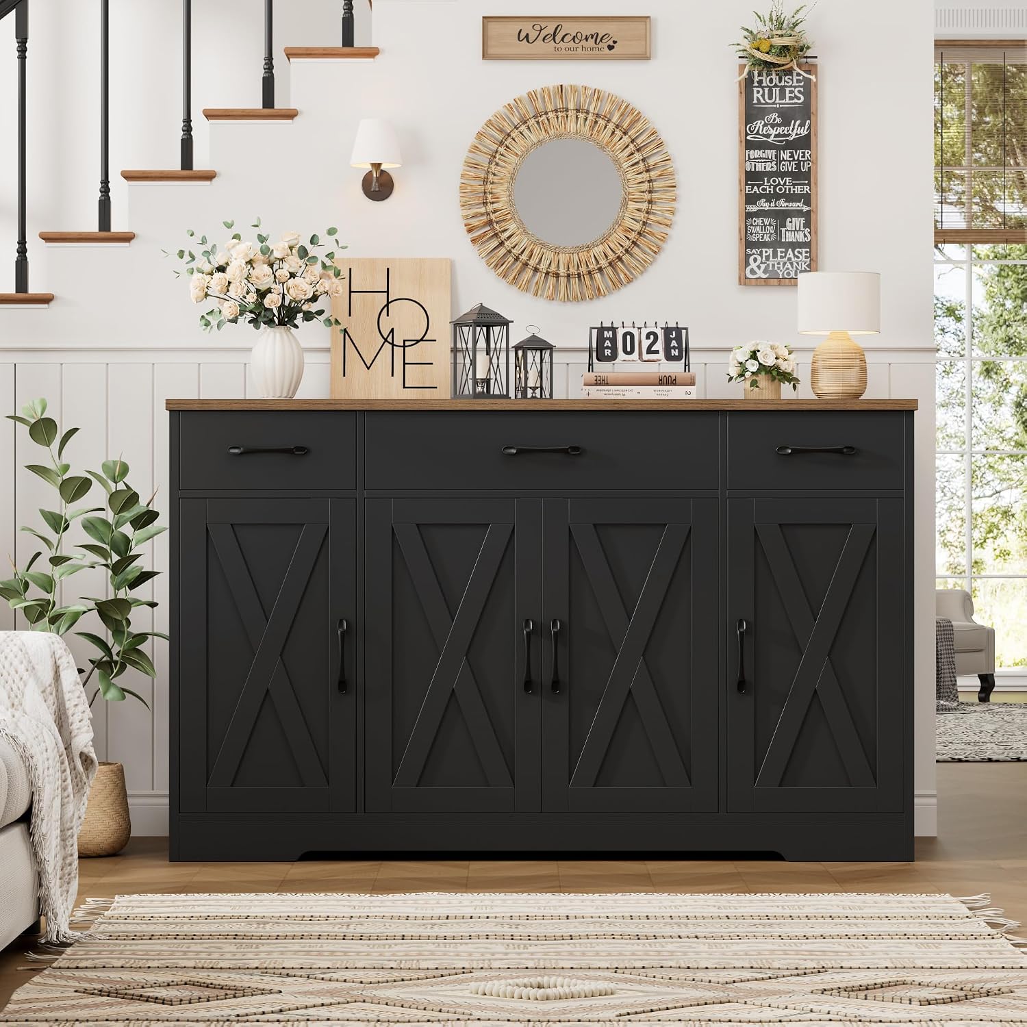 HOSTACK Buffet Sideboard Cabinet with Drawers, 55' Large Buffet Storage Cabinet with Shelves and Doors, Modern Farmhouse Coffee Bar Station for Kitchen, Dining Room, Black/Rustic Brown