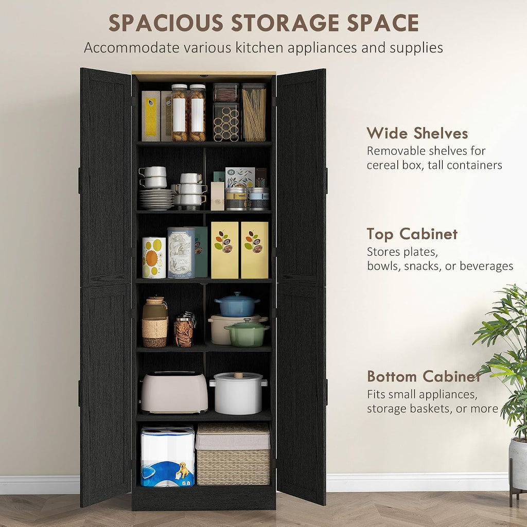 HOMCOM 67' Freestanding Kitchen Pantry, 4-Door Storage Cabinet Organizer with Adjustable Shelves, Kitchen Cabinet with Doors, Distressed Black
