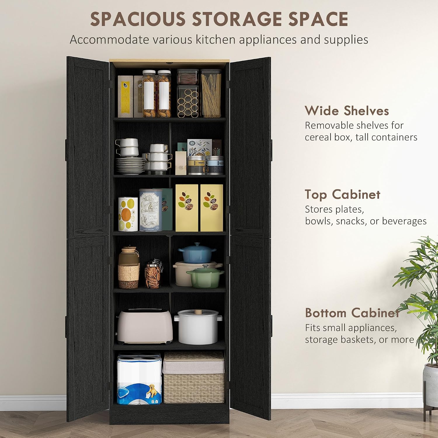 HOMCOM 67' Freestanding Kitchen Pantry, 4-Door Storage Cabinet Organizer with Adjustable Shelves, Kitchen Cabinet with Doors, Distressed Black