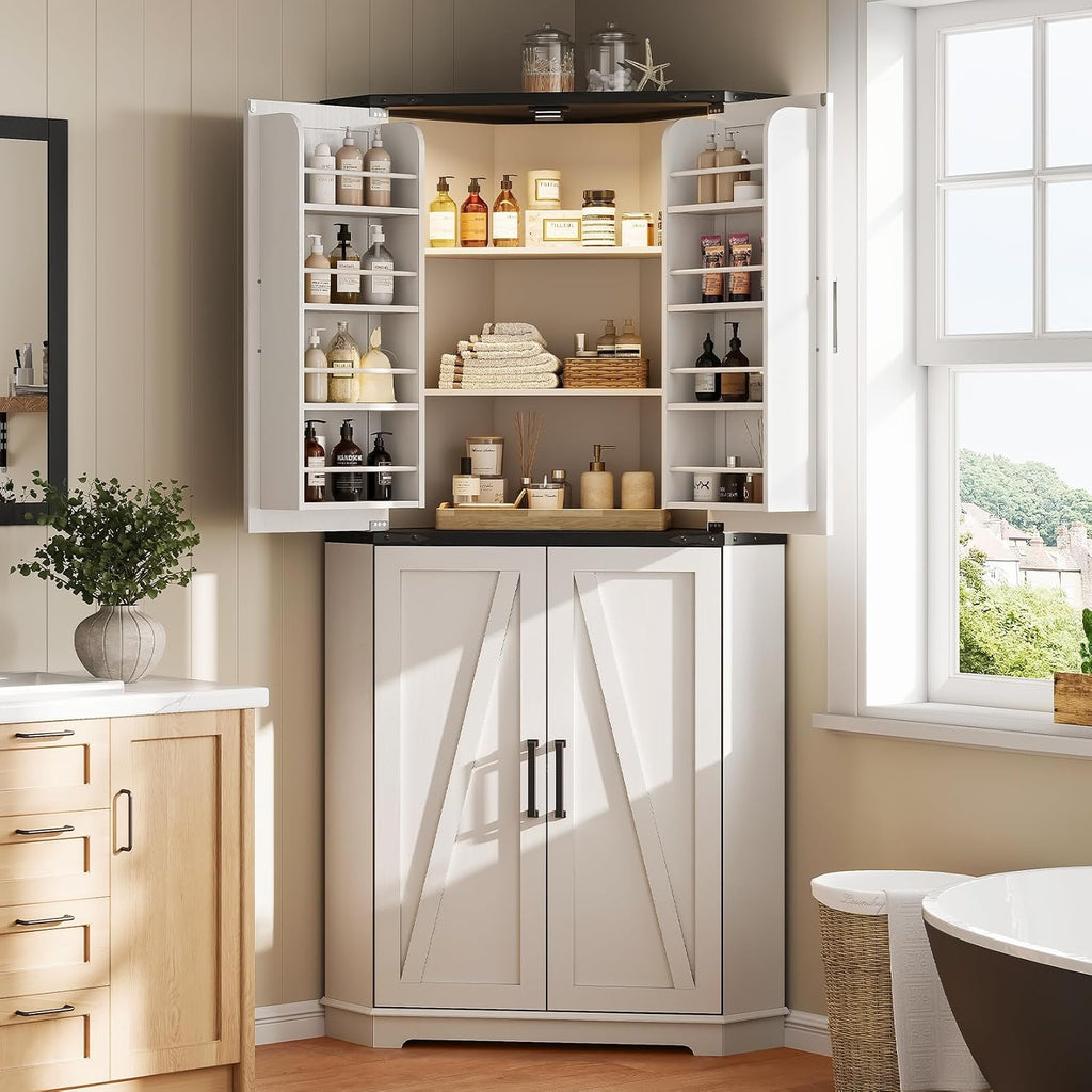 Dripex 71' White Farmhouse Corner Pantry Cabinet with LED Light, Tall Storage Cabinet with Doors & Adjustable Shelves, Food Pantry for Kitchen, Living Room, Dining Room