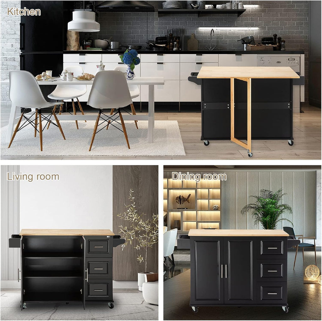 Kitchen Island with Extensible Rubber Wood Table Top Kitchen Bar Serving Cart Mobile Microwave Cart with Spice Rack and Handle Large Trolley Cart Kitchen Bakers Rack with Drawer and Storage Cabinet