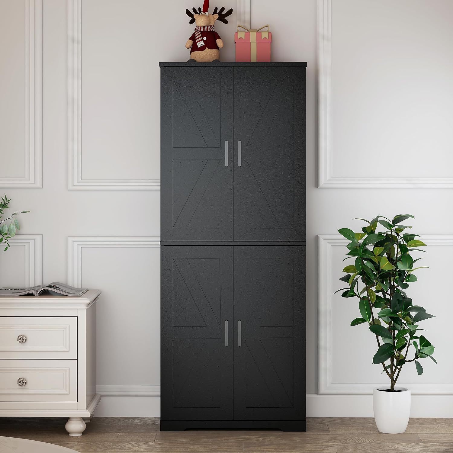 Farmhouse Storage Cabinet with 4 Door, Kitchen Pantry Storage with 4 Adjustable Shelves Wooden Cupboard for Kitchen, Dining Room, Living Room, Bathroom (Black)