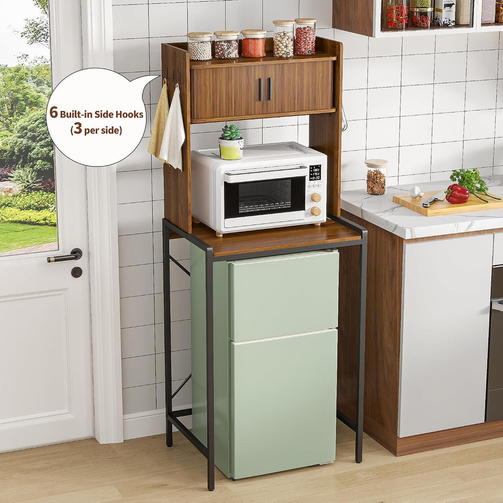 Mini Fridge Stand with Sliding Doors Storage, Microwave Stand and Baker's Rack with 6 Hooks, 4-Tier Mini Fridge Cabinet for Dorm, Home, Office, Kitchen, Walnut Wood