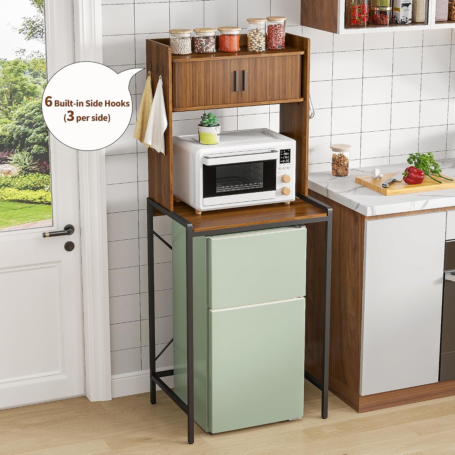 Mini Fridge Stand with Sliding Doors Storage, Microwave Stand and Baker's Rack with 6 Hooks, 4-Tier Mini Fridge Cabinet for Dorm, Home, Office, Kitchen, Walnut Wood