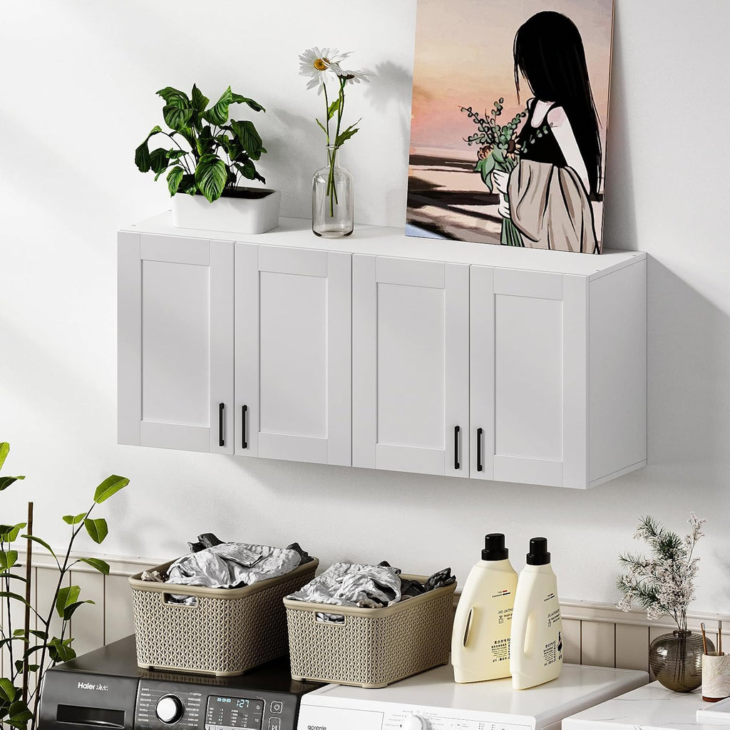 Wooden White Laundry Room Cabinets and Storage with 4 Doors and Adjustable Shelf，Gabinetes para Cocina Cupboard Kitchen Organizers and Storage Pantry Wall Mounted 12.4' D x 47.2' W x 19.7' H