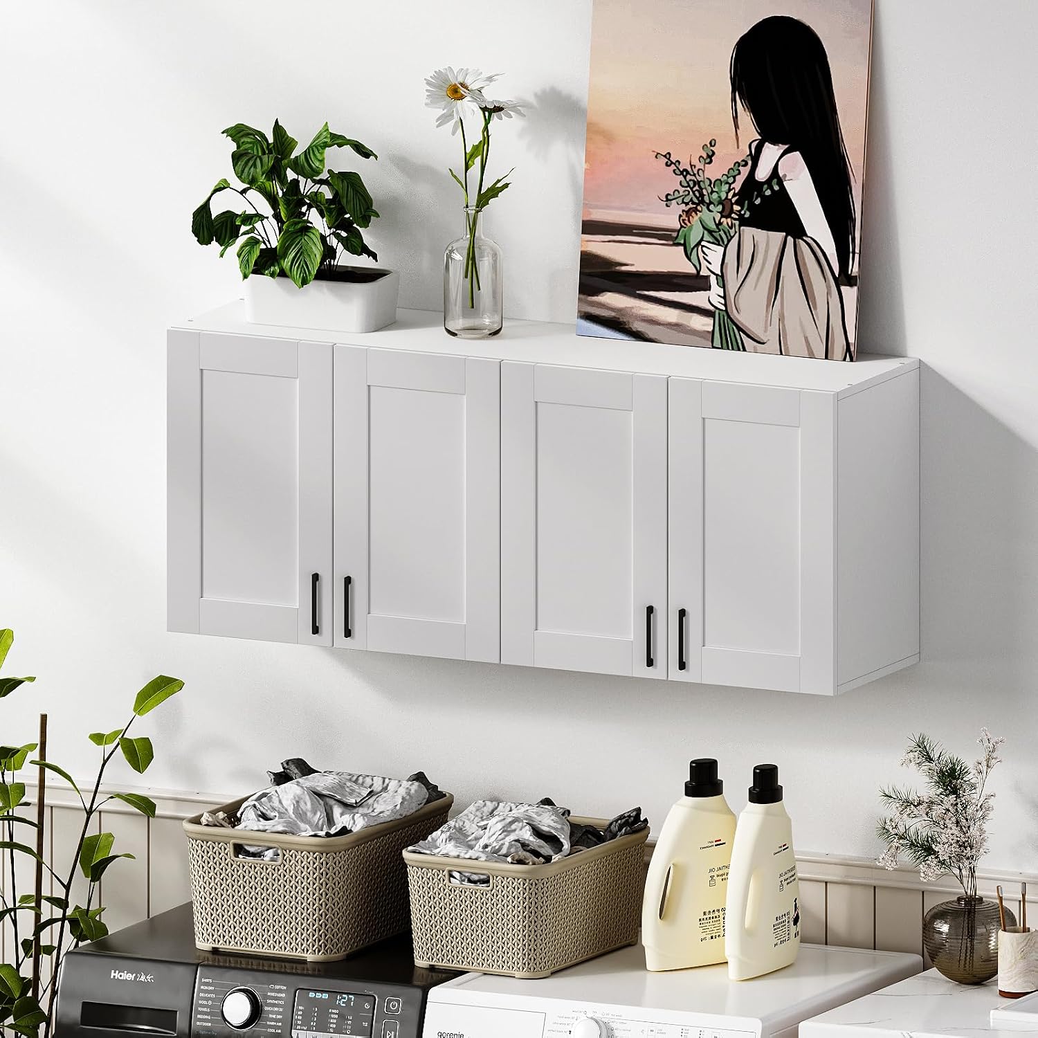 Wooden White Laundry Room Cabinets and Storage with 4 Doors and Adjustable Shelf，Gabinetes para Cocina Cupboard Kitchen Organizers and Storage Pantry Wall Mounted 12.4' D x 47.2' W x 19.7' H