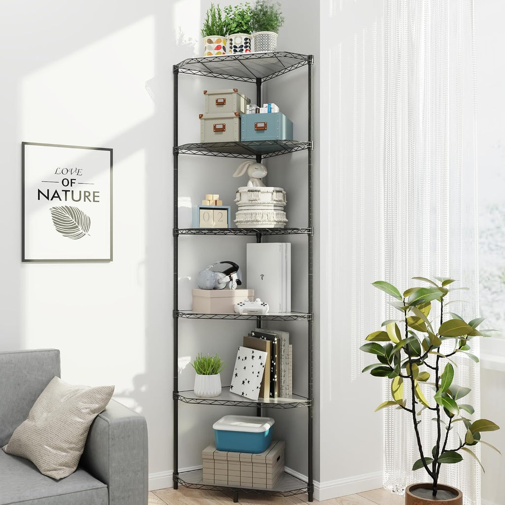 6 Tier NSF Storage Rack, 600lbs Capacity Metal Pentagonal Corner Wire Shelving Units with Adjustable Feet for Balcony, Kitchen, Bathroom 72' H x 20' L x 20' W Black