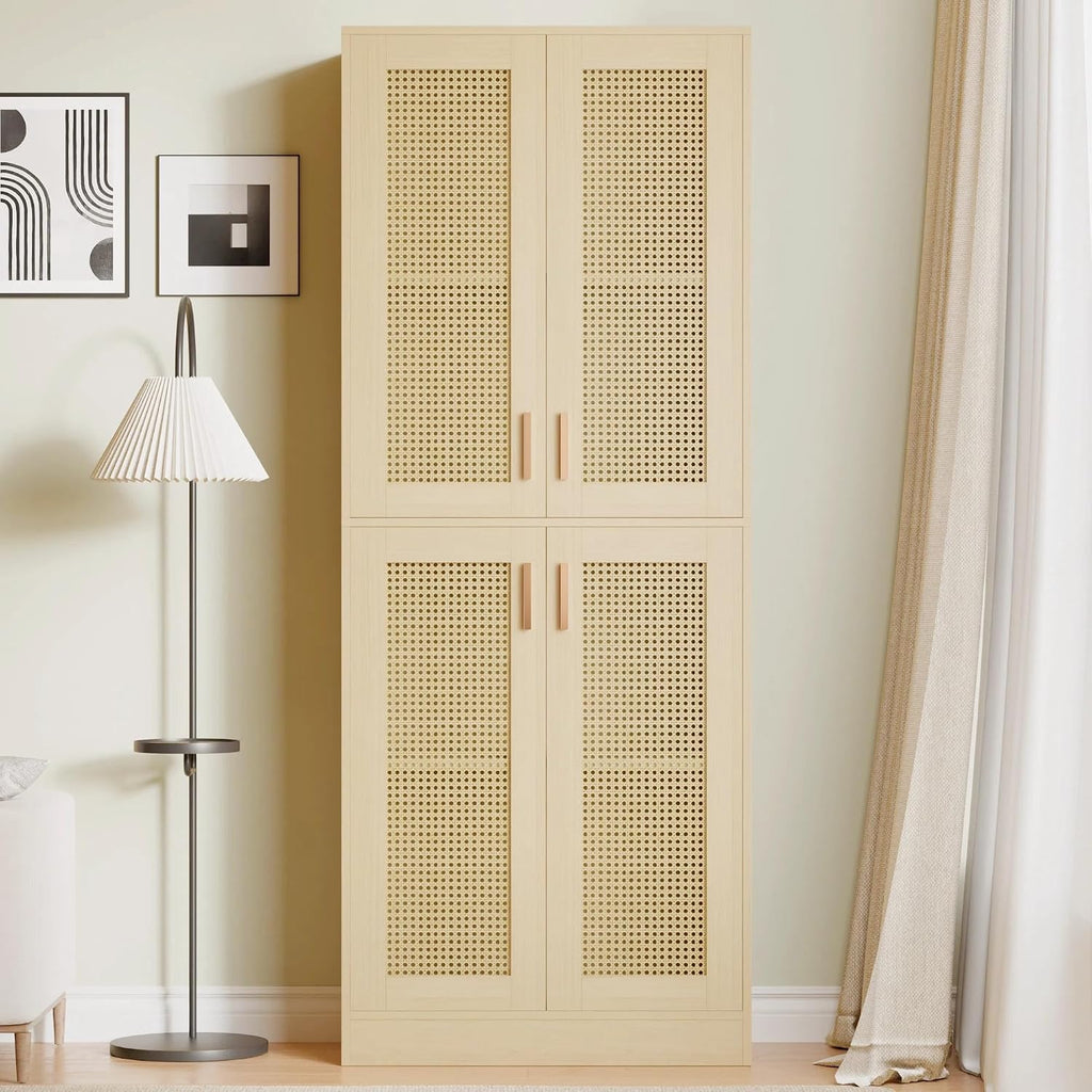 Cozy Castle Kitchen Pantry Cabinet, 71' Tall Rattan Doors Storage Cabinet and Adjustable Shelves, Modern Farmhouse Wood Cupboard Utility Hutch for Kitchen, Dining Room, Living Room (Oak)