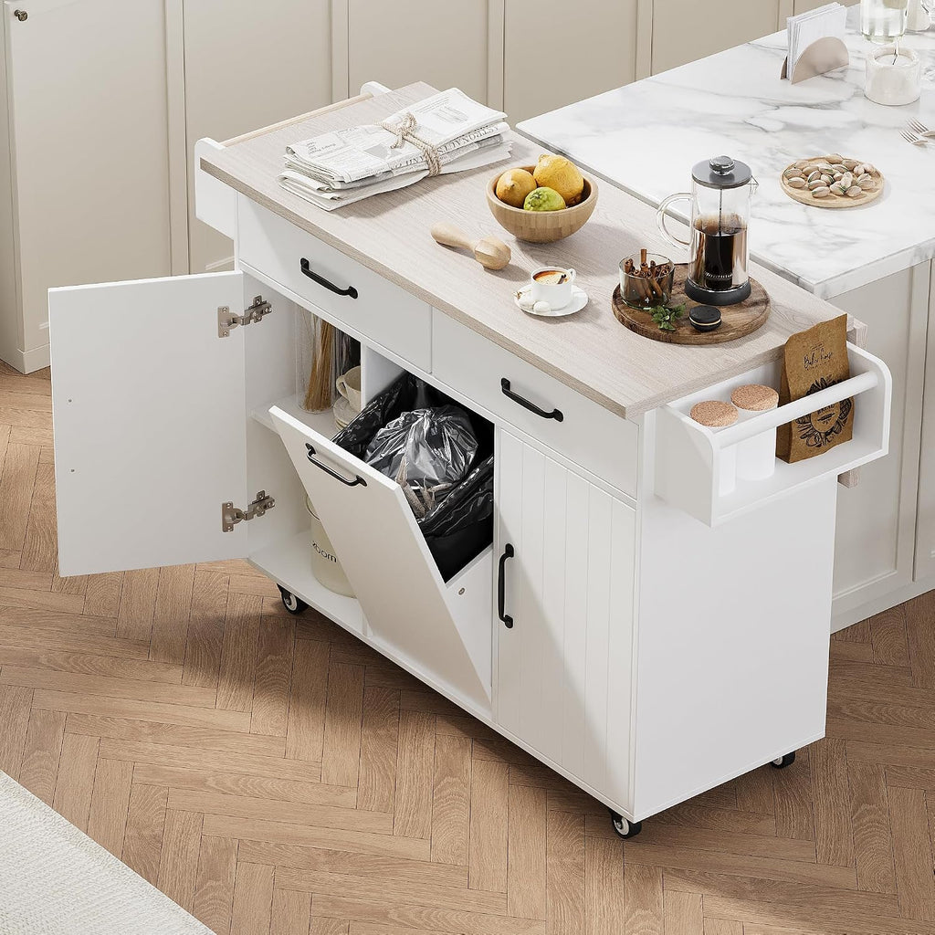 Rolling Kitchen Island Carton Wheels with Trash Can Storage Cabinet, Drop Leaf, Spice Rack, Towel Rack, Drawer, Adjustable Shelf for Dining Room Kitchens White