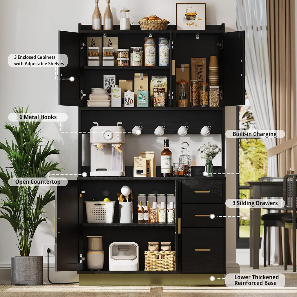 ANCTOR 71' Modern Kitchen Pantry Cabinet with Countertop & Outlet - Tall Storage Cabinet with Adjustable Shelves, Soft-Close Doors, USB/AC Outlet for Kitchen Hutch, Dining Room, Living Room