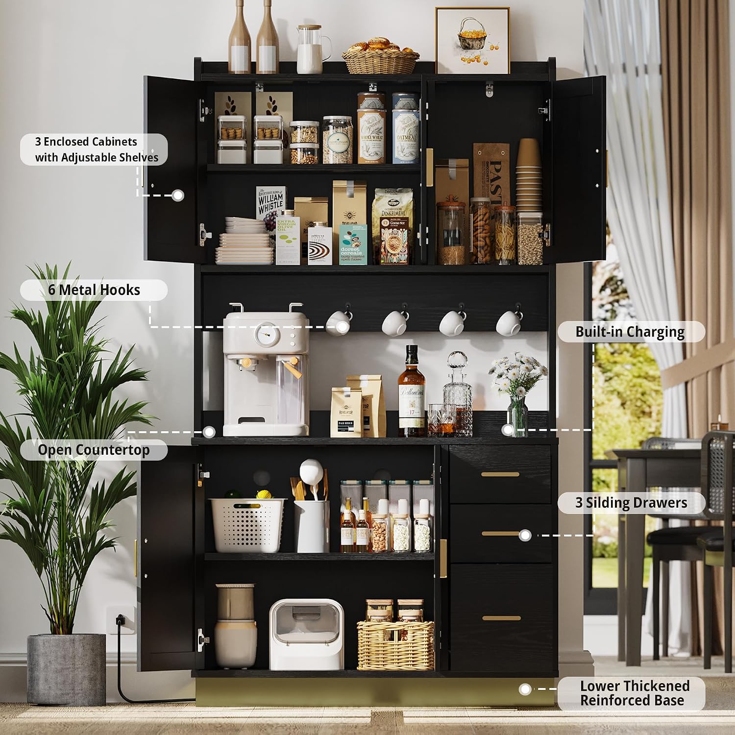 ANCTOR 71' Modern Kitchen Pantry Cabinet with Countertop & Outlet - Tall Storage Cabinet with Adjustable Shelves, Soft-Close Doors, USB/AC Outlet for Kitchen Hutch, Dining Room, Living Room