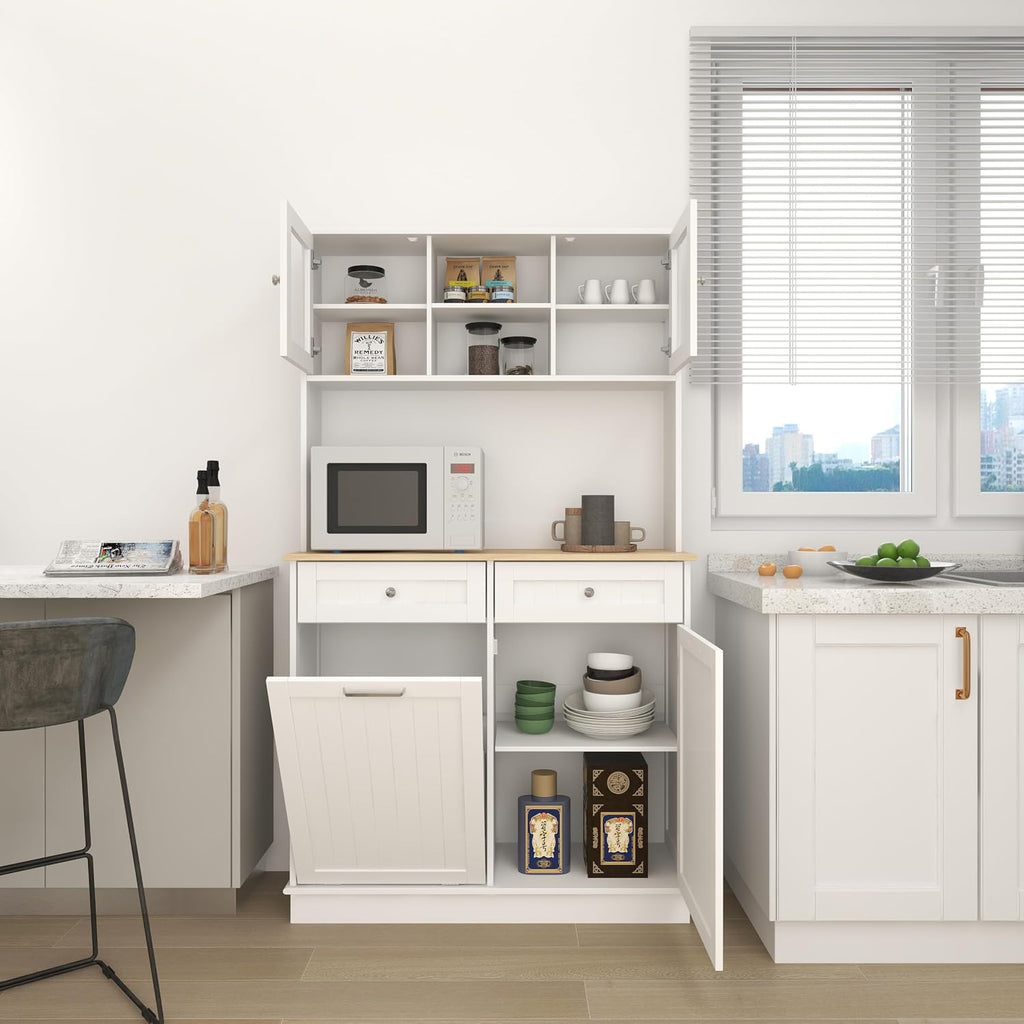 68' Tilt-Out Trash Freestanding Storage Cabinet, Kitchen Storage Bakers Rack with 3 Shelves, Utility Food Cupboard for Home/Kitchen, White