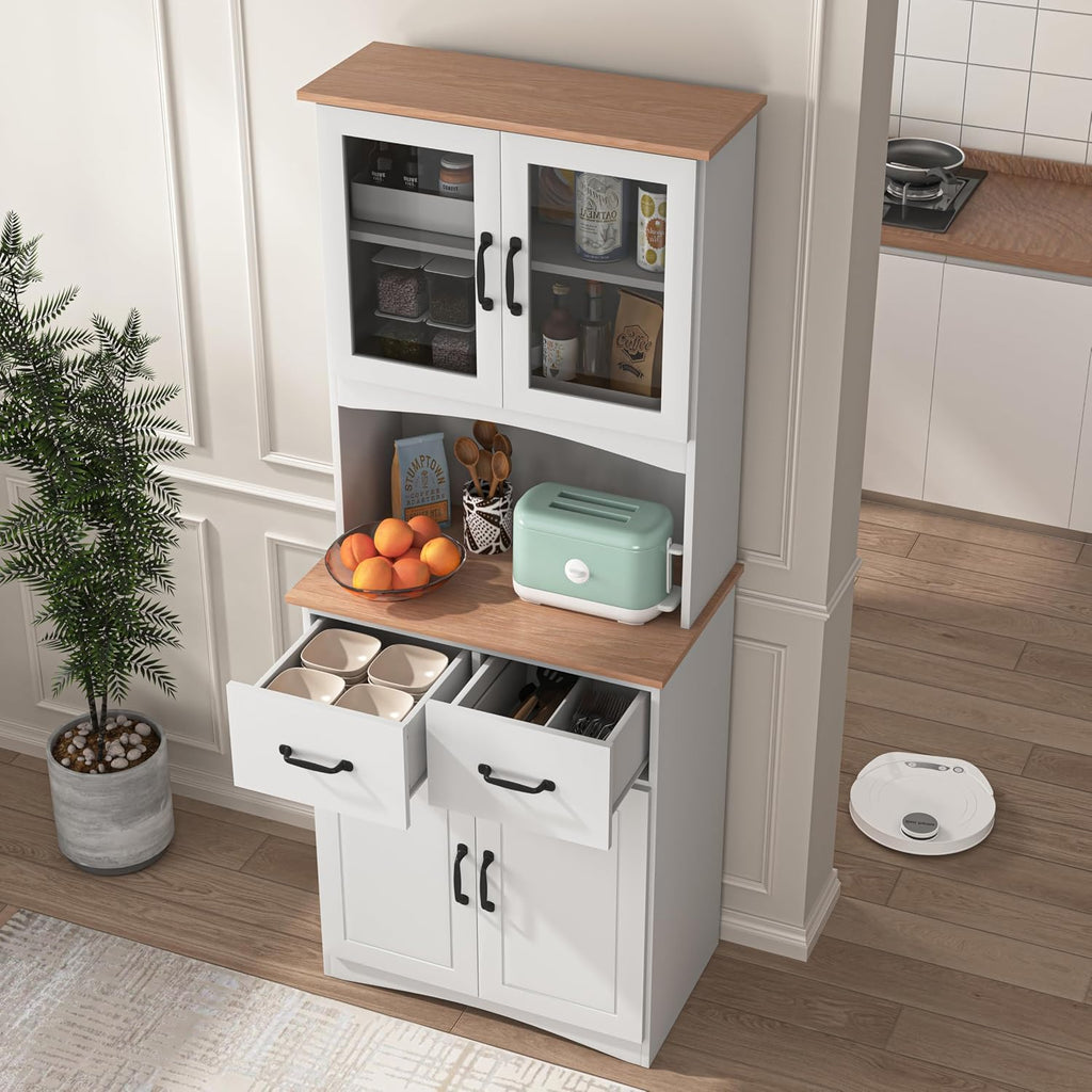 Wooden-Style Kitchen Cabinet with Framed Glass Doors & Drawer - Microwave Stand with Storage, Adjustable Shelfes for Kitchen, Dining Room (White)