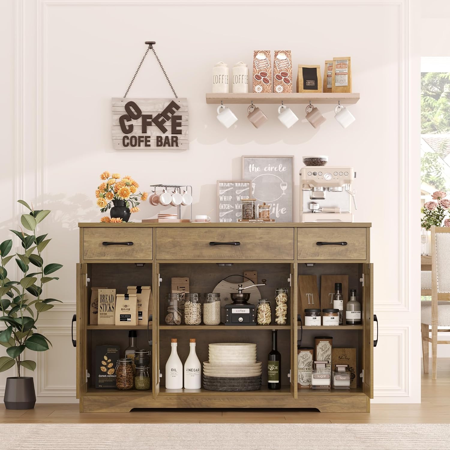 HOSTACK Buffet Sideboard Cabinet with Drawers, 55' Large Buffet Storage Cabinet with Shelves and Doors, Modern Farmhouse Coffee Bar Station Wood Kitchen Table for Kitchen, Dining Room, Rustic Brown