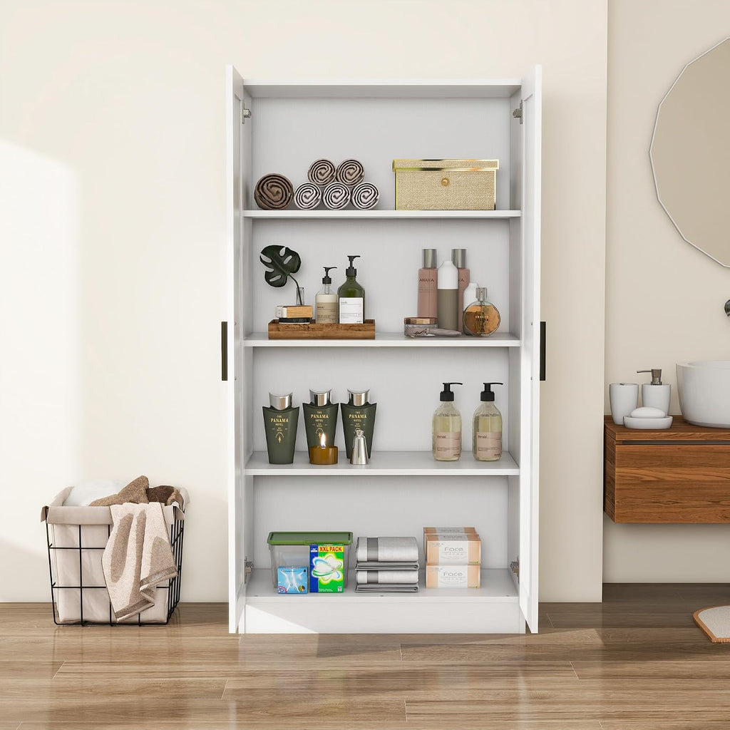 Wooden Storage Cabinet, Collection Food Pantry Narrow Cabinet Free Standing with 2 Doors and 3 Shelves Tool Cabinet, for Kitchens, Living Room, Utility Rooms (White)