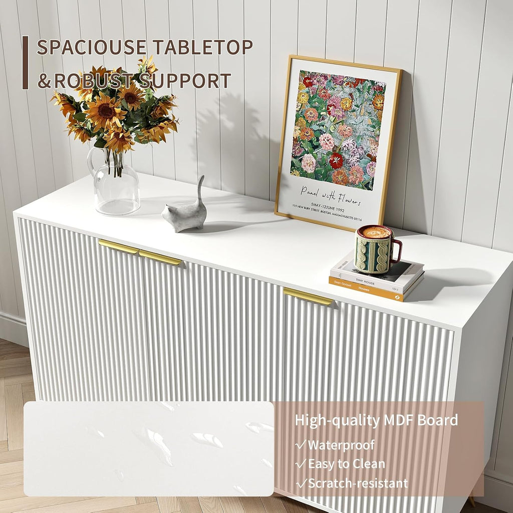 Storage Cabinet with 3 Doors, Buffet Cabinet with Storage, Sideboard Coffee Bar Cabinet with Metal Legs and Adjustable Shelf for Kitchen, Dining Room, Living Room, Office, White