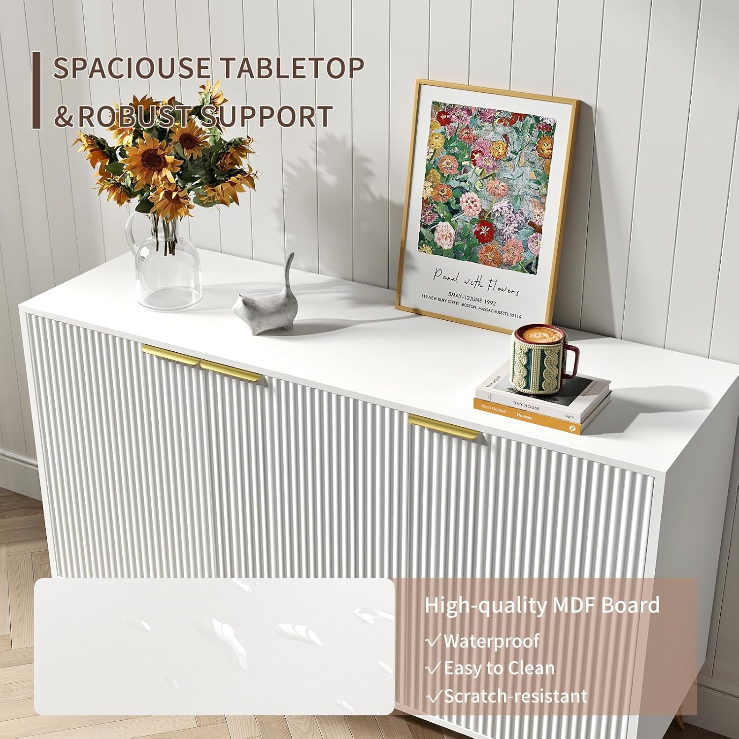 Storage Cabinet with 3 Doors, Buffet Cabinet with Storage, Sideboard Coffee Bar Cabinet with Metal Legs and Adjustable Shelf for Kitchen, Dining Room, Living Room, Office, White