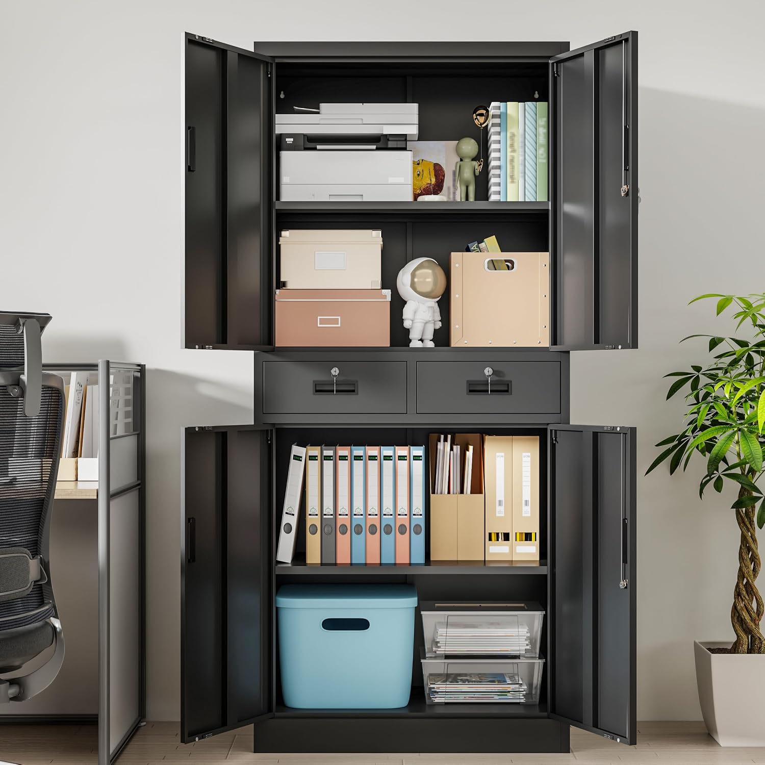 Wanfu Metal Storage Cabinet, 71' Locking Storage Cabinet with Adjustable Shelves and 2 Drawers, Steel Cabinets for Office, Garage, Home, School, Utility Room(Black)