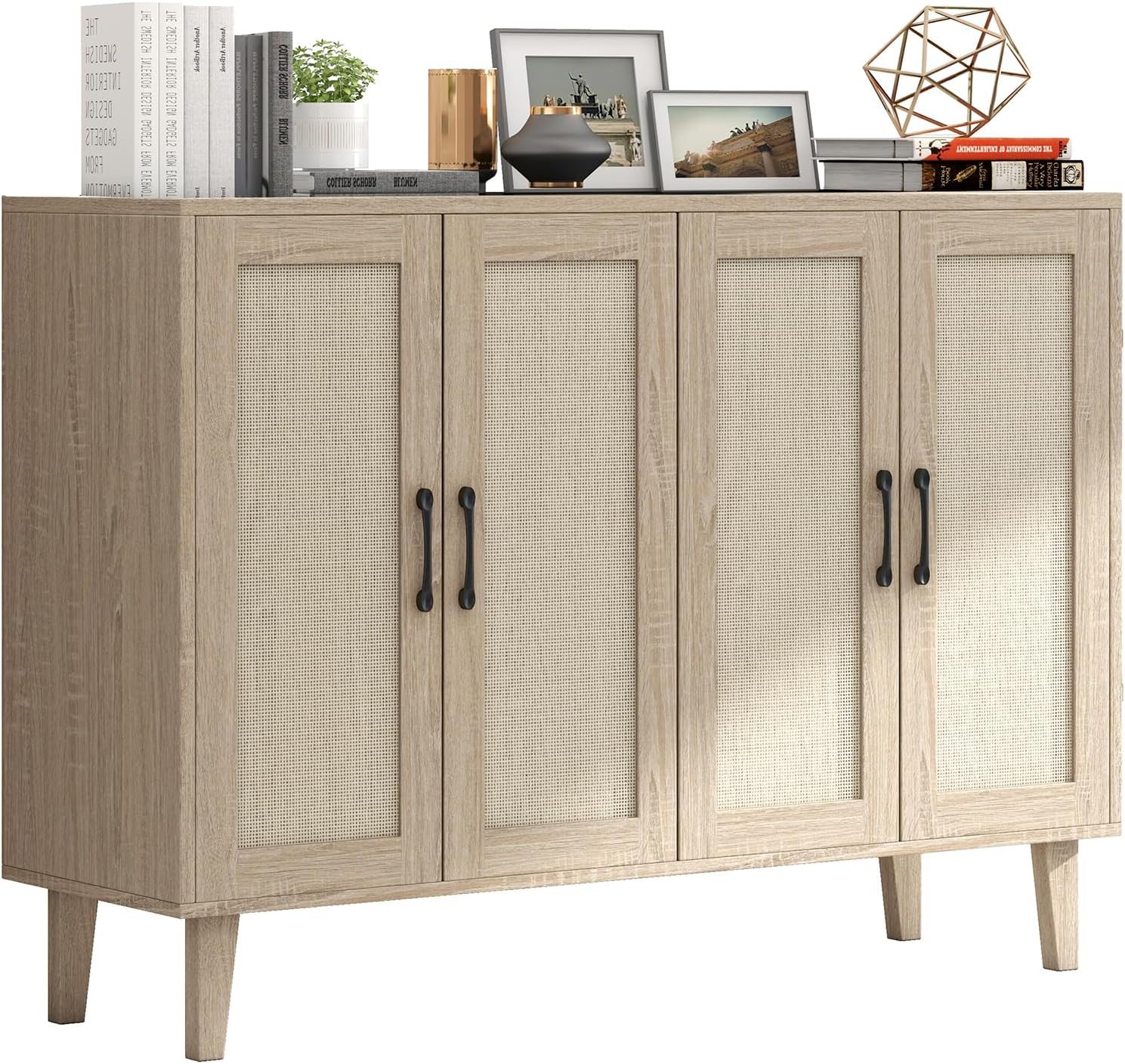 Panana Buffet Storage Cabinet with Rattan Decorating 4 Doors Living Room Kitchen Sideboard 48.43 x 34.65 x 15 inch (Natural Wood)