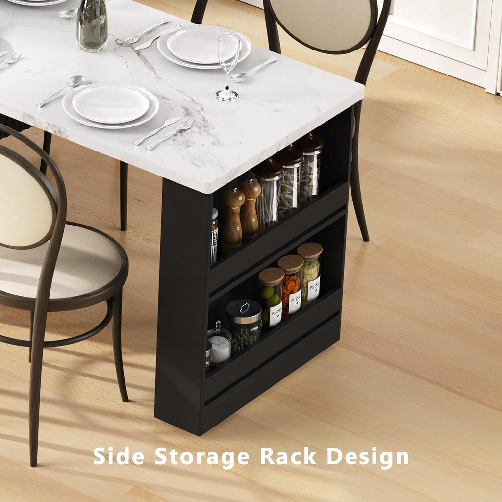 55'-82.6' Black Fluted Extendable Kitchen Island with White Faux Marble Top, Double Side Storage, 2 Drawers, Power Outlet & Spice Rack, Modern Expandable Island Table for Kitchen Dining Room Home Bar