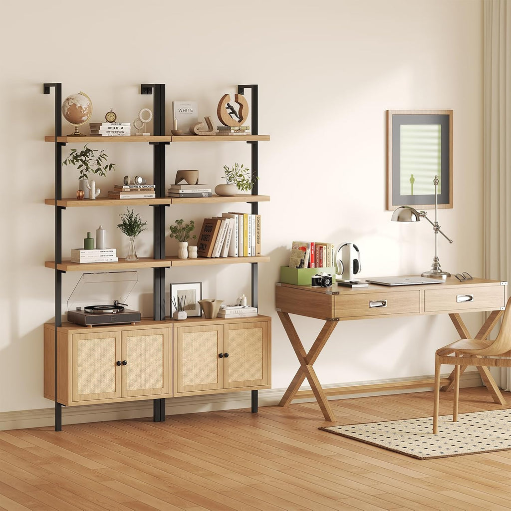 Airynee Ladder Bookshelf, 4 Tier Book Shelf with Rattan Cabinet, Wall Mount Bookshelves and Bookcases with Metal Frame, Anti Dump, Tall Bookcase for Living Room, Home Office, Bedroom Oak 3pcs