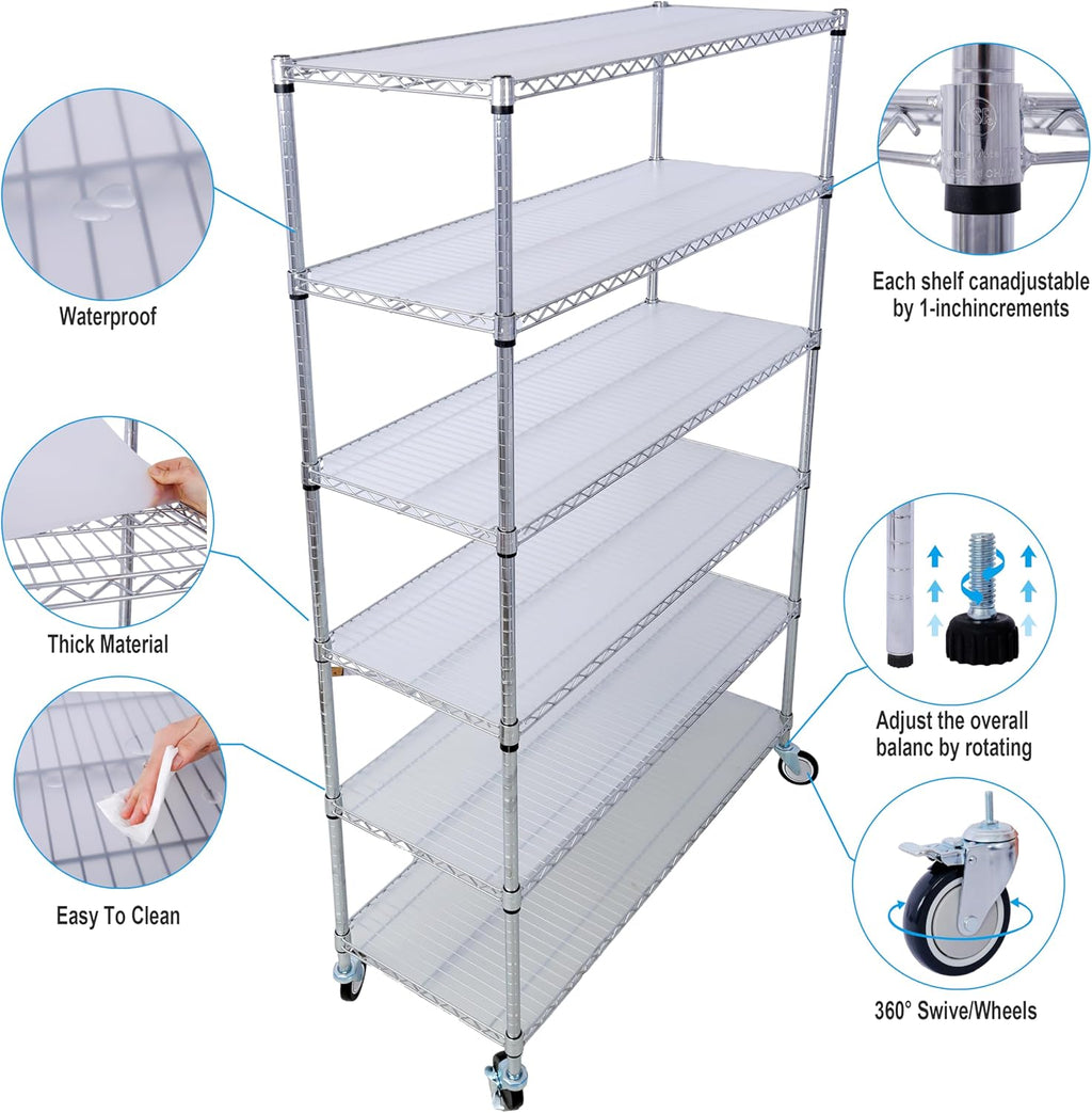 Heavy-Duty 6-Tier NSF Commercial Shelving Unit - 6000LB Capacity Adjustable Metal Storage Rack with Wheels, 84' H x 48' L x 20' D, Steel Wire Shelving for Warehouse/Garage/Restaurant (Chrome)