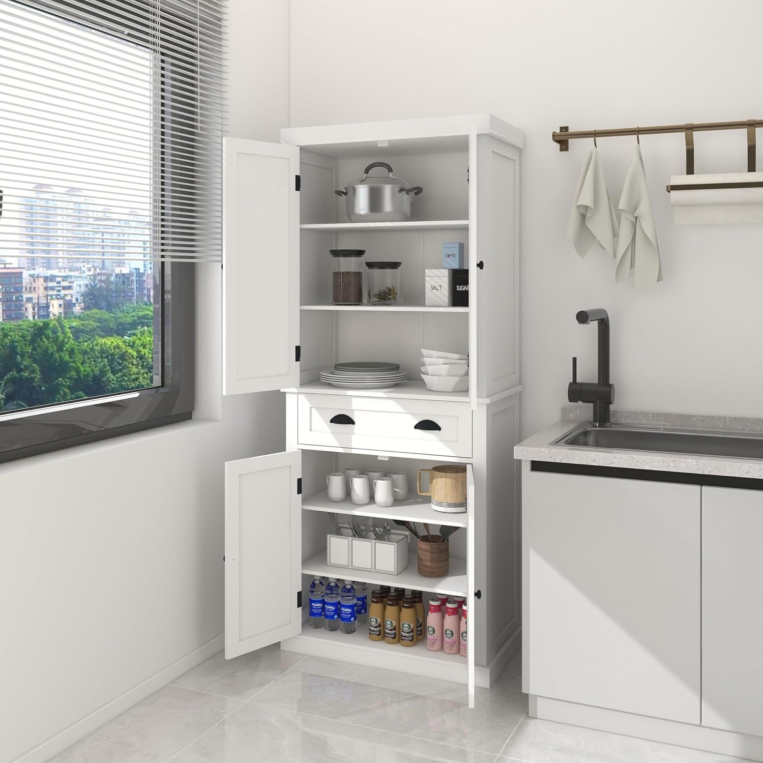 72' Adjustable-Shelf Freestanding Storage Cabinet, Kitchen Storage Bakers Rack with Drawer, Utility Food Cupboard with Anti-tip for Kitchen Dining Laundry Room, White