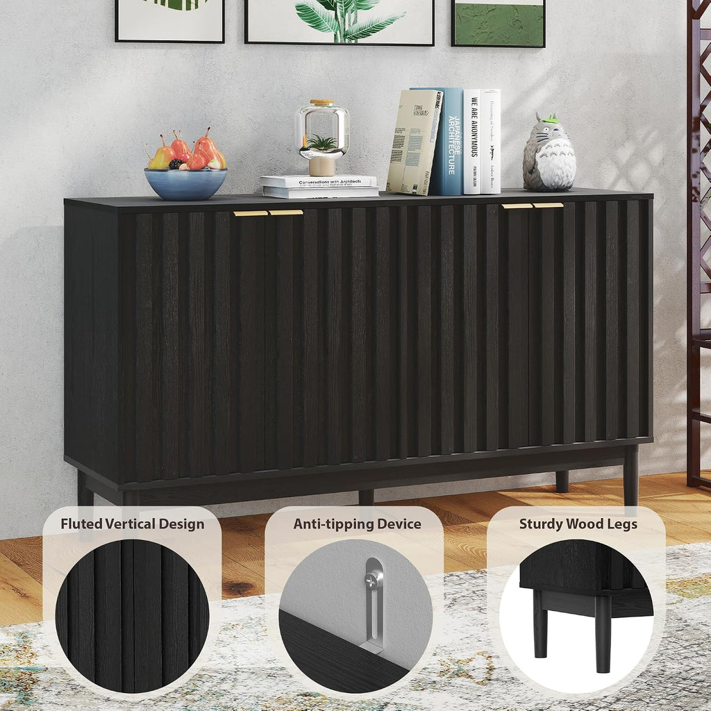 Otterease Fluted Cabinet with Storage, Small Buffet Cabinet Sideboard with Door, Kitchen Buffet Storage Accent Cabinets with Adjustable Shelves for Living Room, Entry, Hallway,Black