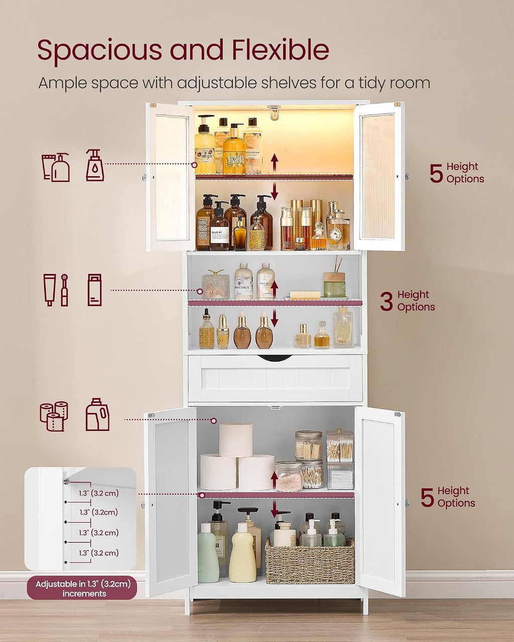 VASAGLE Storage Cabinet with LED Lights, Freestanding Storage Unit with Adjustable Shelves, Drawer, Open Compartments, for Bathroom, Living Room, Kitchen, Cloud White UBBC767WH01S
