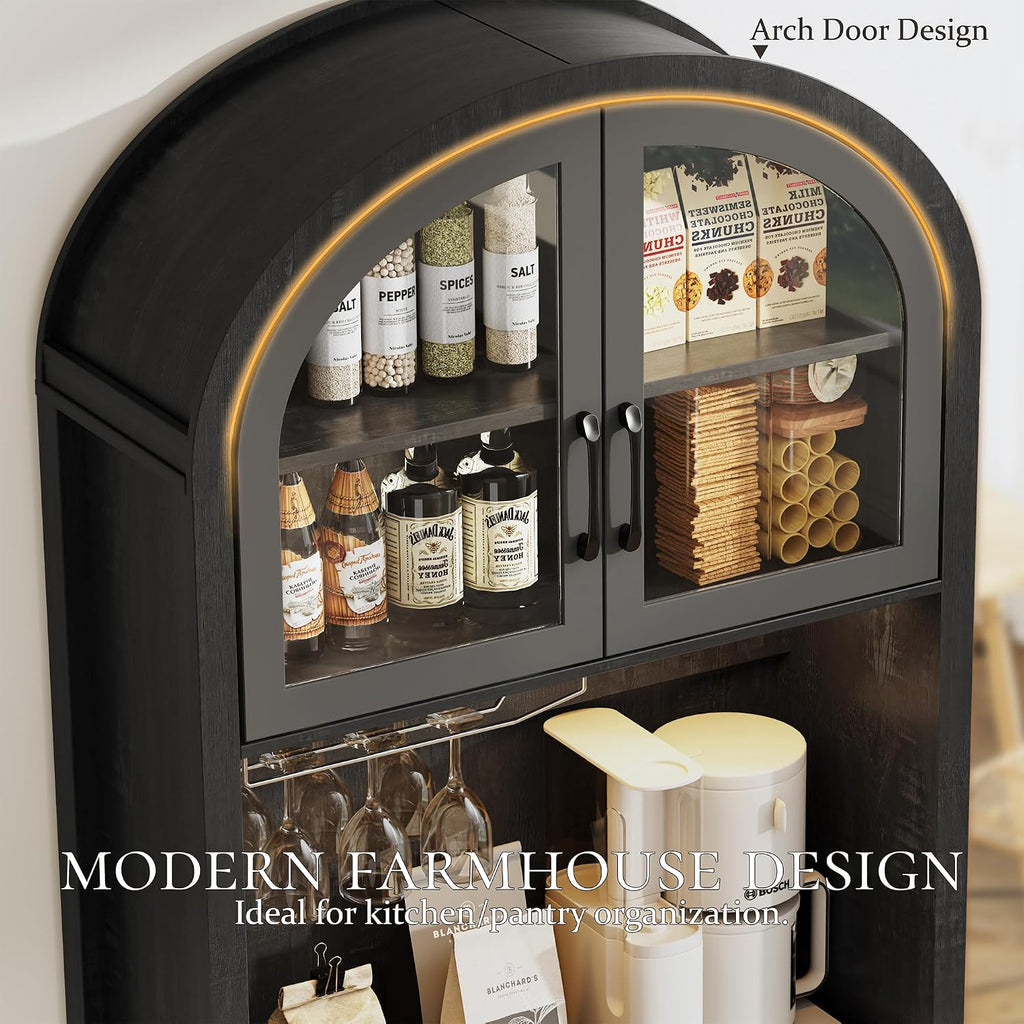 75' Tall Arched Pantry Cabinet with Charging Station & LED Light, Kitchen Pantry Cabinet with Microwave Stand, Drawers and Adjustable Shelf, Coffee Bar Liquor Cabinet for Dining Room