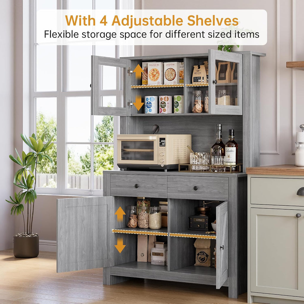 GarveeHome Farmhouse Pantry Cabinet, Kitchen Pantry Storage Cabinet with Microwave Stand, Rustic Buffet Sideboard with Sliding Door, Freestanding Cupboard with Shelves for Dining Room, Dark Grey