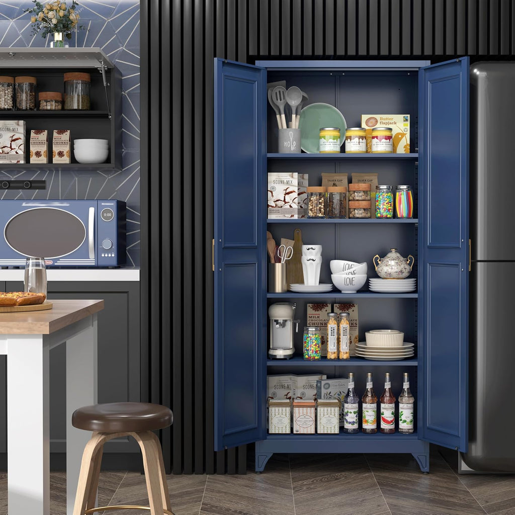 SteeLoong 75'Kitchen Pantry Cabinet,Blue Metal Storage Cabinets with Doors and 4 Adjustable Shelves,Kitchen Cabinet with 2 Gold Handles,Tall Cabinet for Livingroom,Pantry, Bathroom