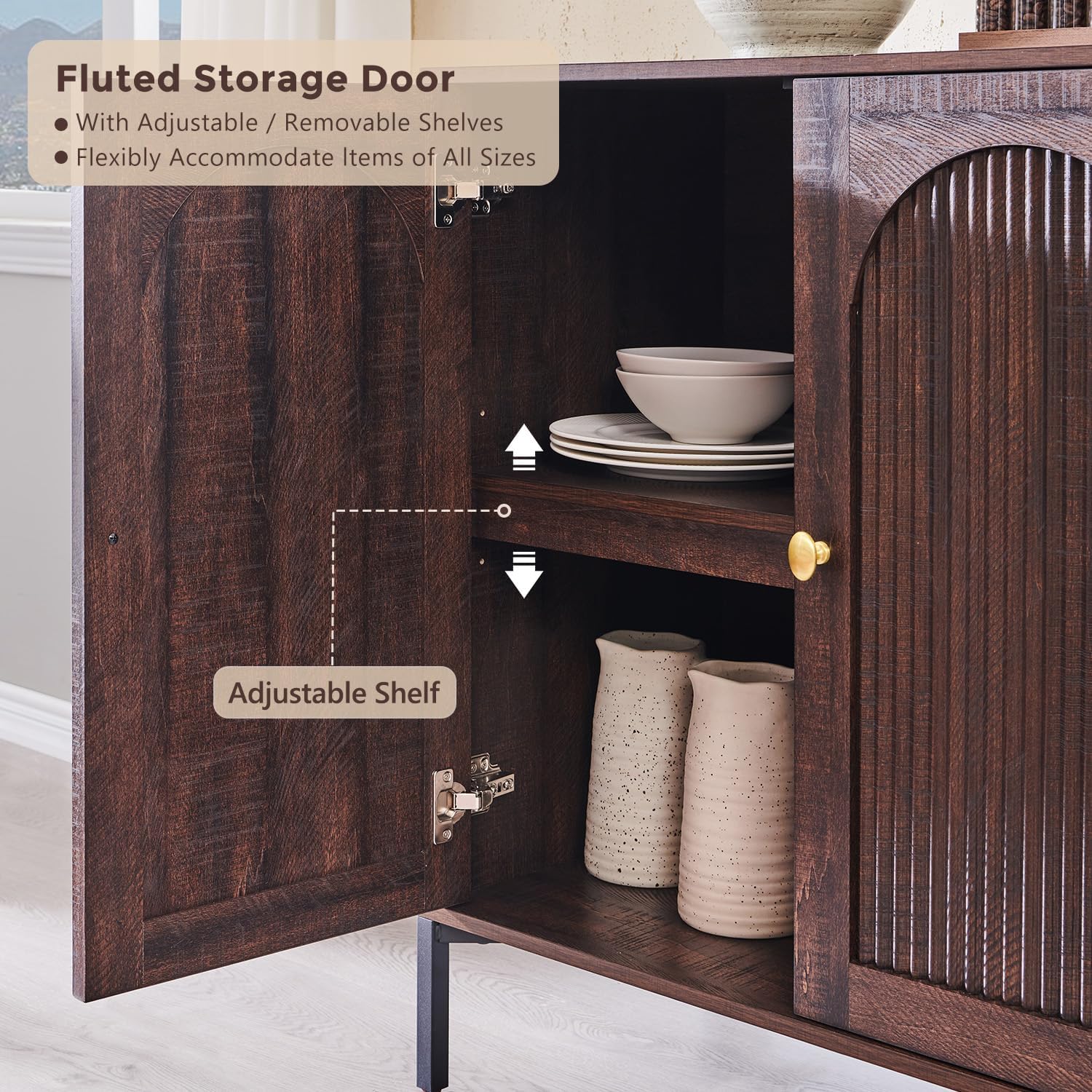 IFGET Modern Buffet Cabinet with Storage, 92.63' W Fluted Arched Sideboard Cabinet w/Adjustable Shelves, Wooden Modular Coffee Bar for Dining Room, Kitchen, Living Room, Entryway, Brown