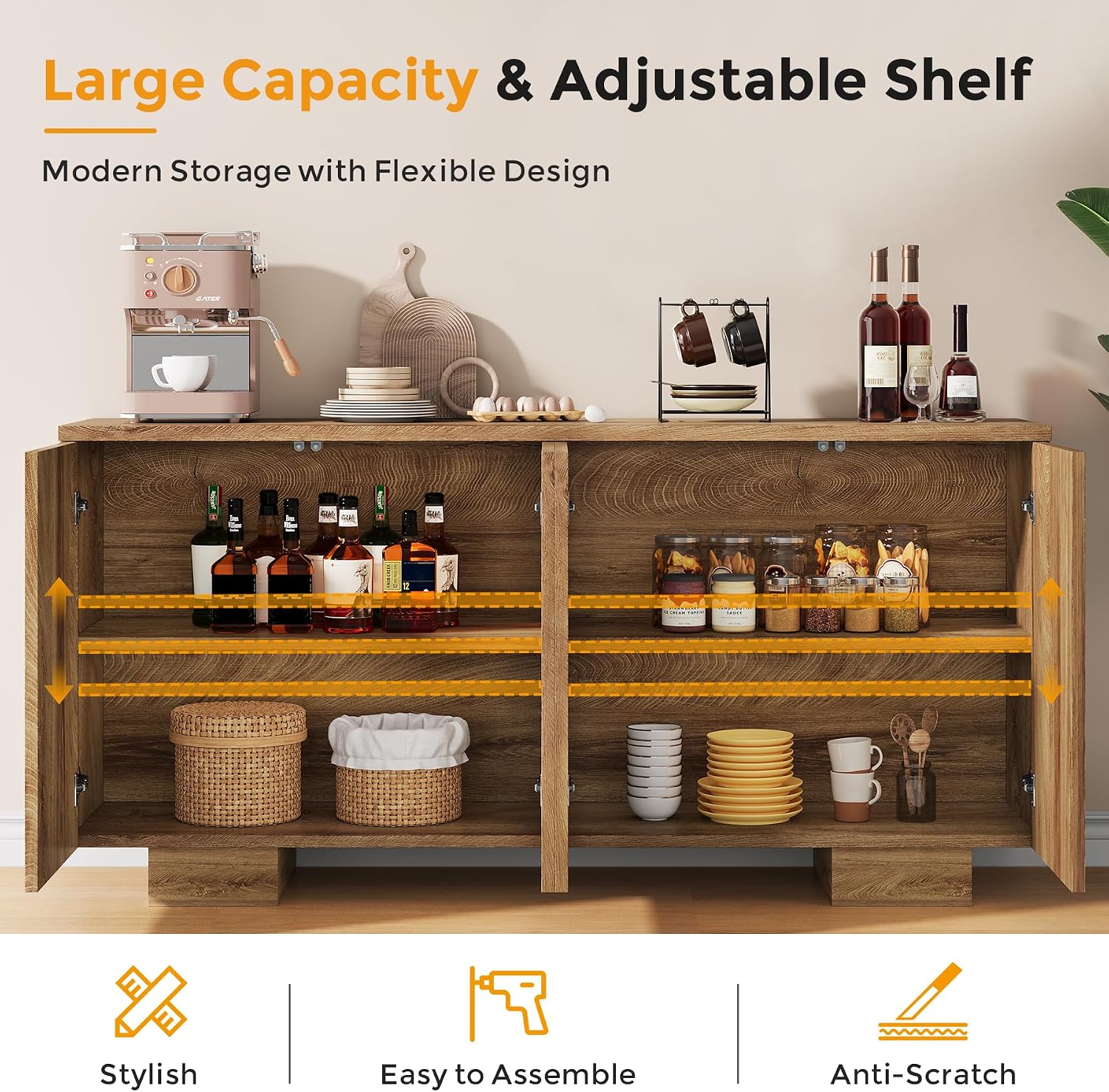 Sideboard Buffet Cabinet with Storage, Farmhouse Coffee Bar Cabinet with 4 Doors & Adjustable Shelves for Living Room, Kitchen, Hallway, Oak