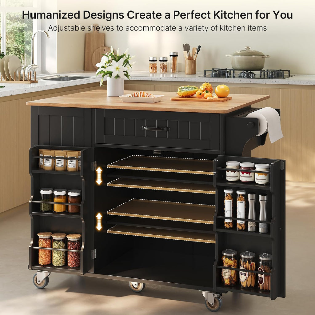 Ahomly Kitchen Island with Storage, 44.49' Kitchen Island with Trash Can Storage, Drop Leaf Rubberwood Top, Knife Holder, Adjustable Shelf, Towel Bar, Drawer, Spice Rack, Black