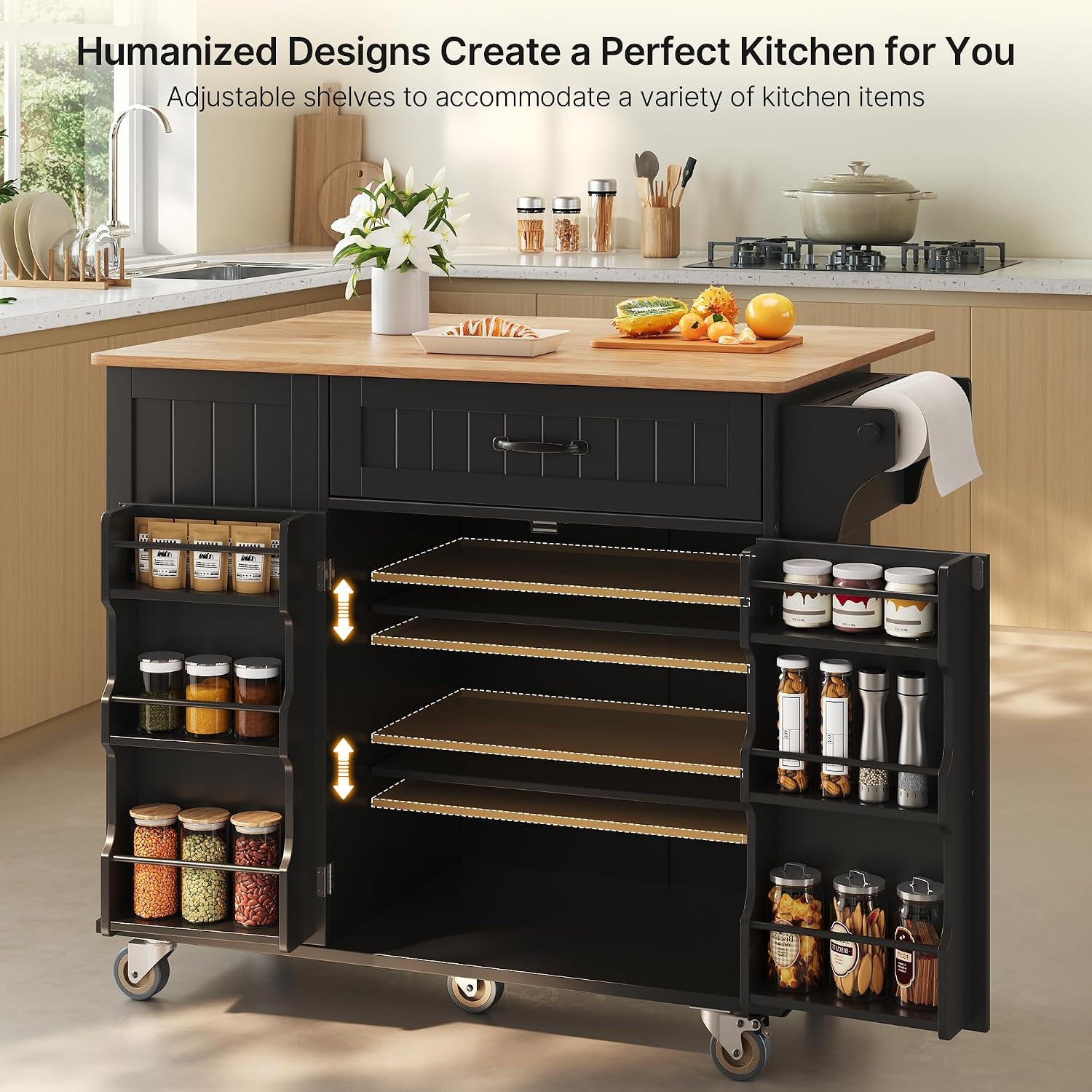 Ahomly Kitchen Island with Storage, 44.49' Kitchen Island with Trash Can Storage, Drop Leaf Rubberwood Top, Knife Holder, Adjustable Shelf, Towel Bar, Drawer, Spice Rack, Black