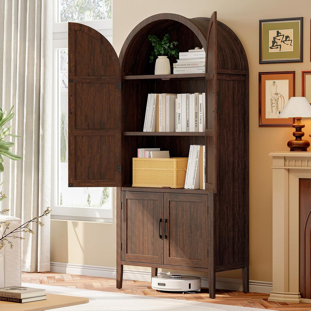 ONBRILL 71' Tall Wooden Arched Cabinet, 5-Tier Arched Kitchen Pantry Cabinet with Doors & Shelves, Farmhouse Kitchen Arch Cabinets with Adjustable Feet, Wooden Pantry Storage for Dining Room(Brown)