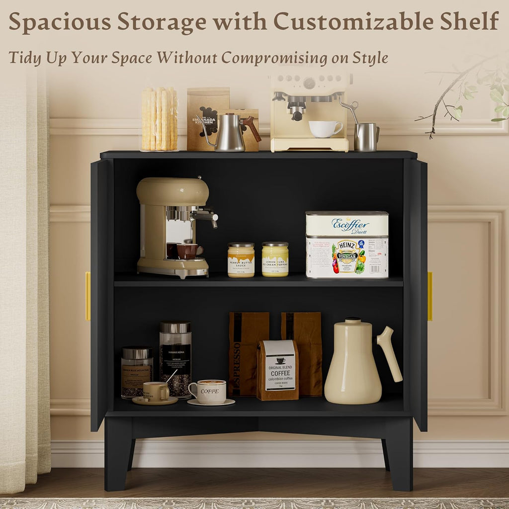 BORNOON Storage Cabinet with Doors and Adjustable Shelf, Modern Fluted Sideboard Buffet Cabinet, Freestanding Coffee Bar for Kitchen, Pantry, Entryway, Living Room (Black)