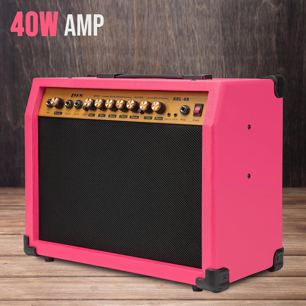LyxPro 40 Watt Electric Guitar Amplifier | Combo Solid State Studio Amp with 8' 4-Ohm Speaker, Custom EQ Controls, Drive, Delay, ¼' Passive/Active/Microphone Inputs, Aux In & Headphone Jack - Pink