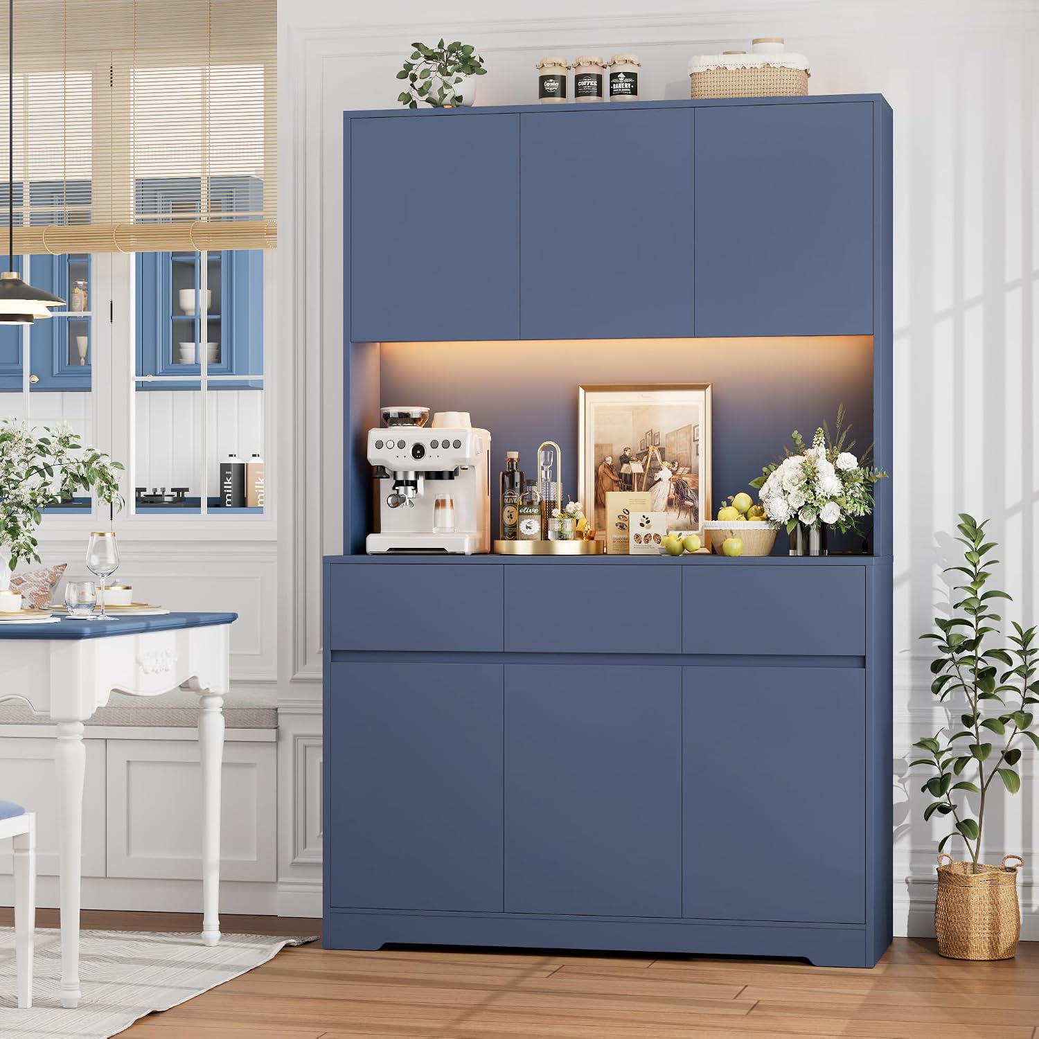 FINETONES 71' Pantry Cabinet with Power Outlets and Led Lights, Large Kitchen Hutch Storage with Microwave Stand, Tall Pantry Kitchen Cabinet with Cupboard, Blue