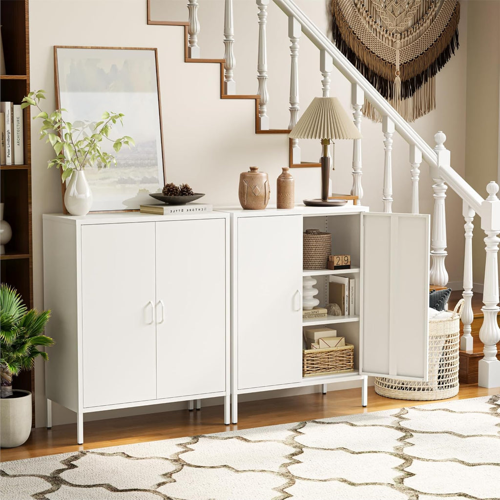 COFaR White Metal Storage Cabinet, 40' Kitchen Buffet & Coffee Bar Cabinet with Adjustable Shelves, 3-Tier Steel Organizer with Magnetic Doors, Sideboard for Dining Room, Home Office