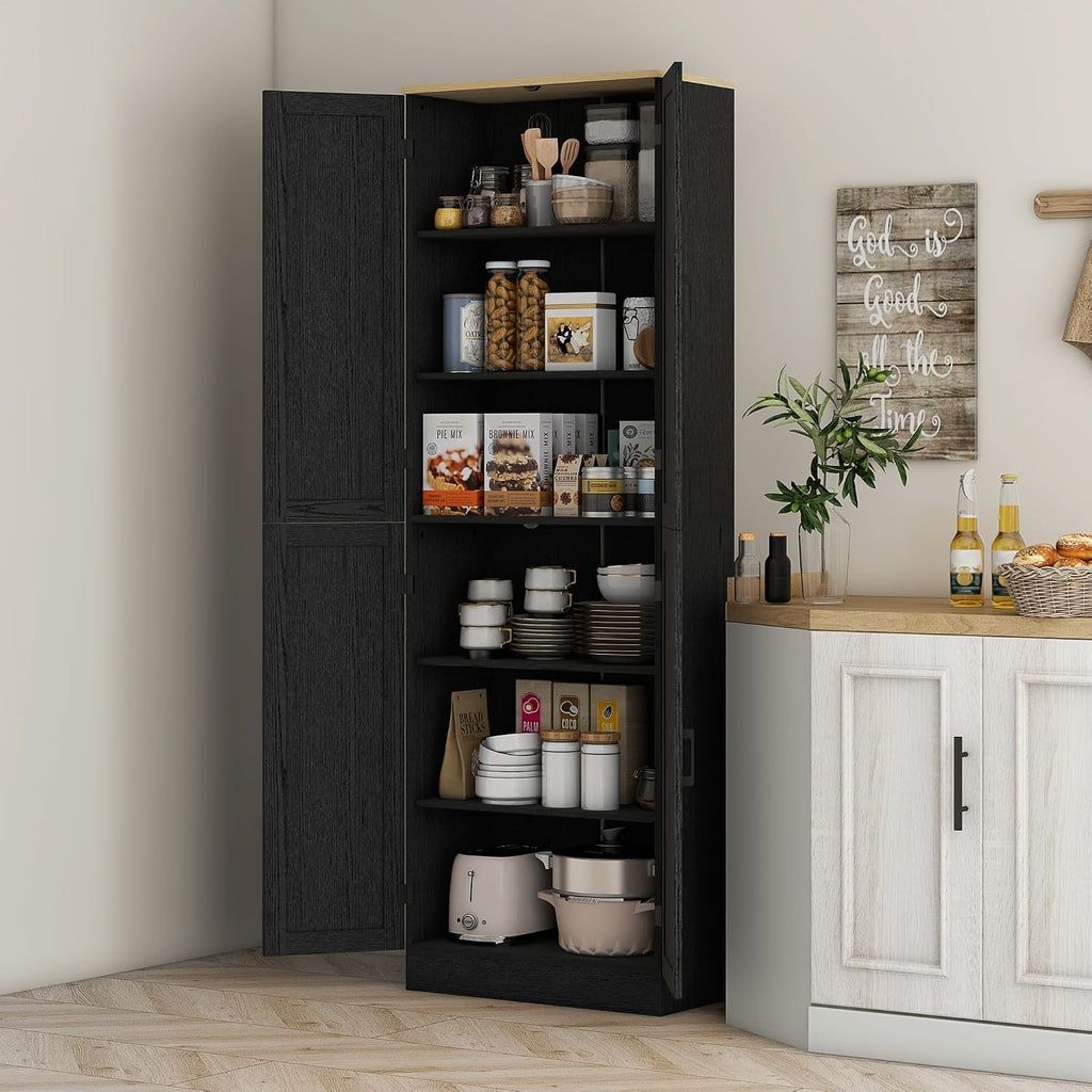 HOMCOM 67' Freestanding Kitchen Pantry, 4-Door Storage Cabinet Organizer with Adjustable Shelves, Kitchen Cabinet with Doors, Distressed Black