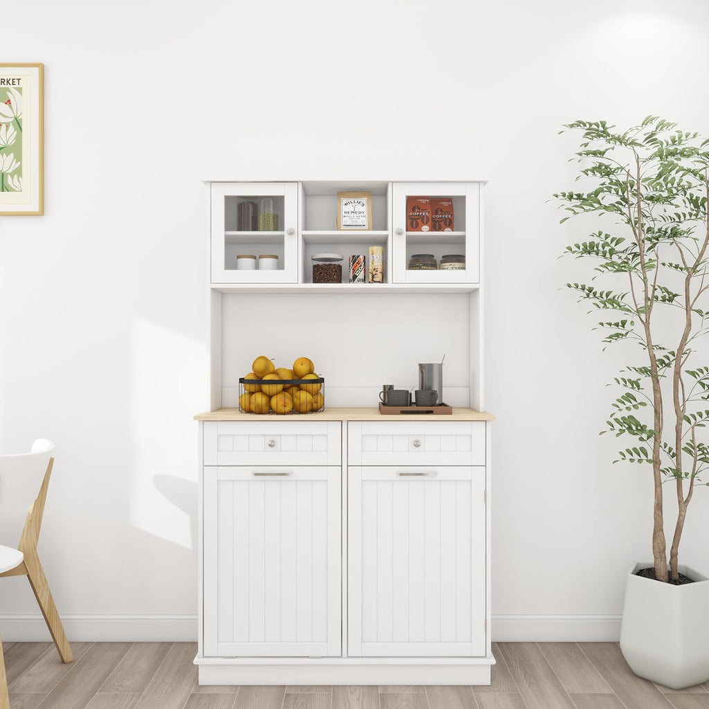 68' Tilt-Out Trash Freestanding Storage Cabinet, Kitchen Storage Bakers Rack with 3 Shelves, Utility Food Cupboard for Home/Kitchen, White