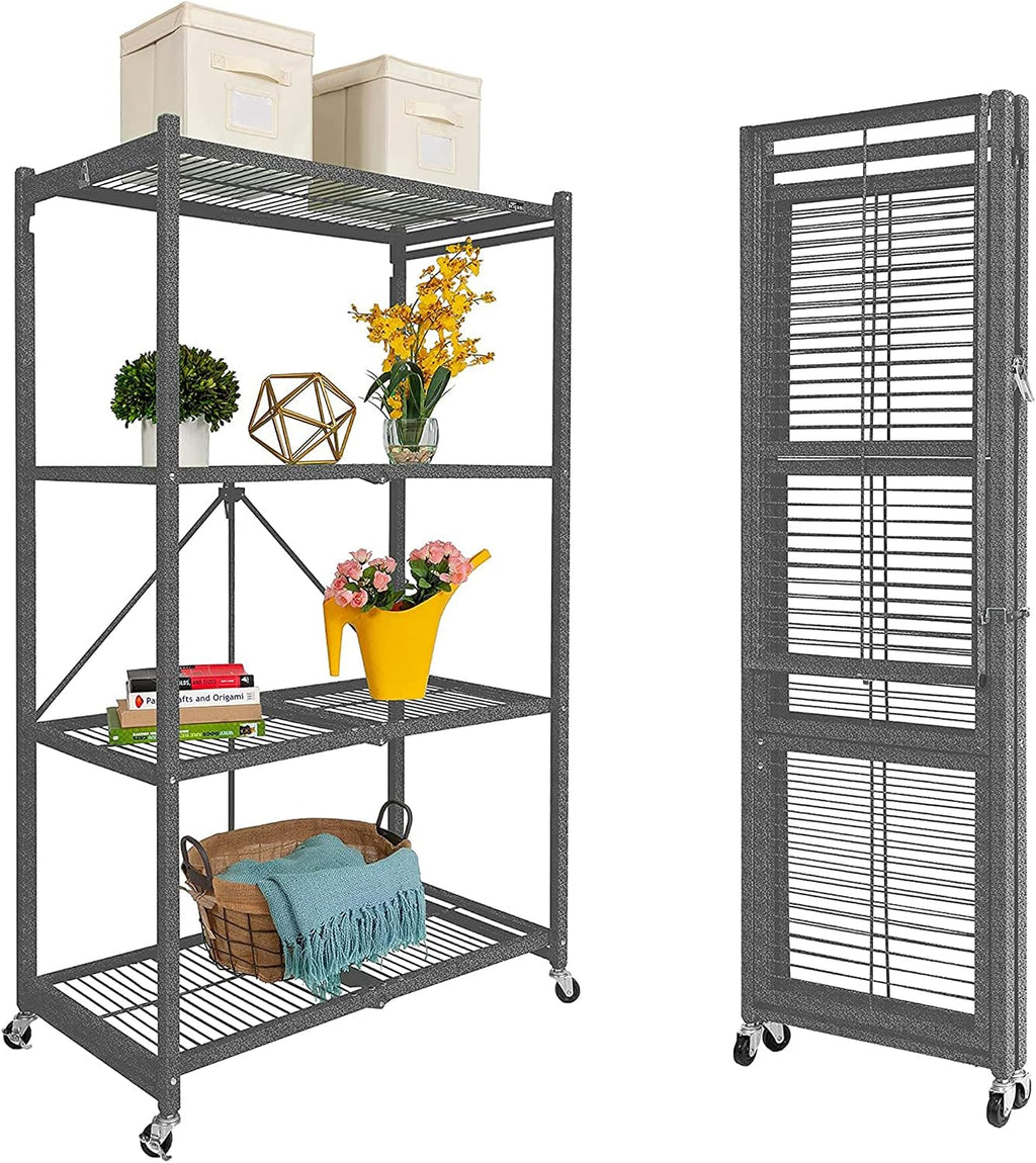 Origami 2-Pack R5 Series Foldable 4-Tier Steel Storage Rack, Pewter – Heavy-Duty Metal Shelving Unit w/ Removable Wheels for Laundry Room or Garage – Rolling Organizer for Home, Office & Warehouse